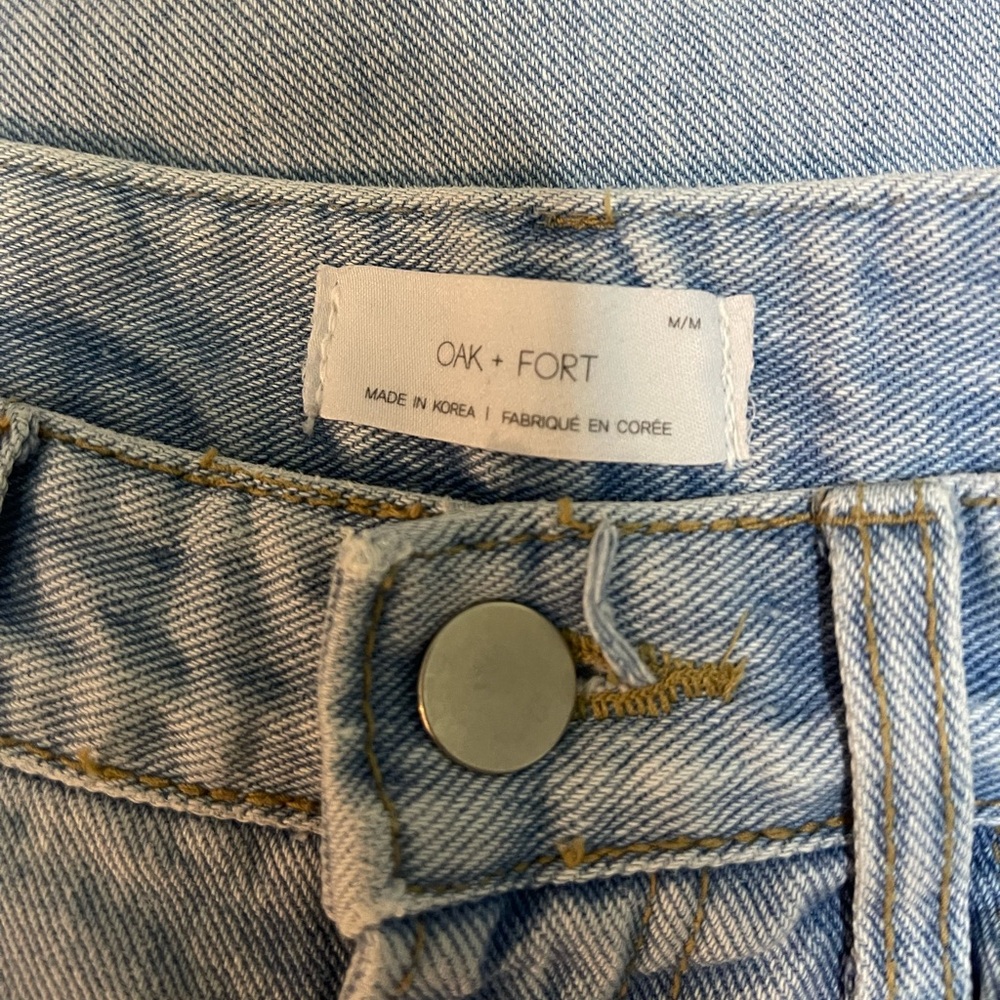 OAK + FORT Light Blue Straight Leg Jeans with Distressed Thigh - Picture 10 of 12